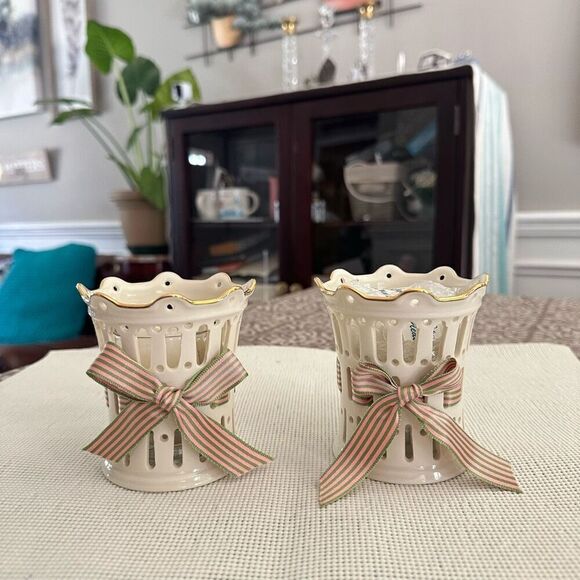 LENOX‎ Pierced Votive Candle Holders Ribbon 2-pc set w/ Glass & Candles NEW - Picture 1 of 8